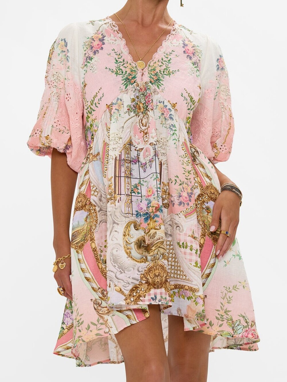 Camilla Lisbon Lullaby Puff Sleeve V Neck Short Dress Medium